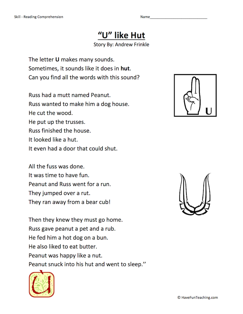U Like Hut Reading Comprehension Worksheet teaching resource preview