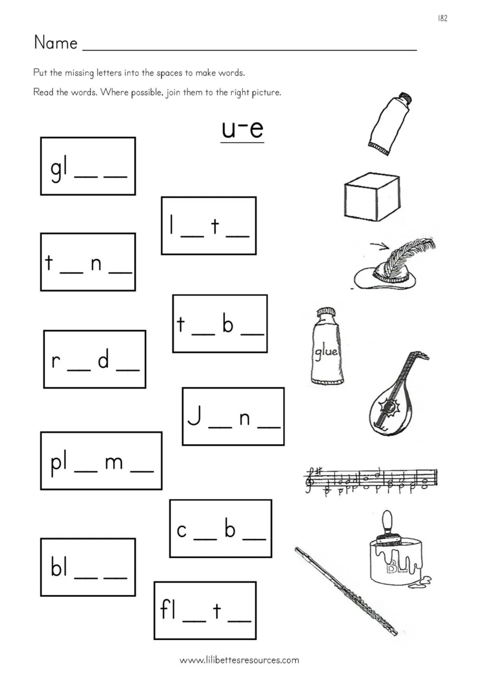 u-e words: students fill missing letters in gl__, t_n_, fl_t_ and more, then read and join each word to its picture