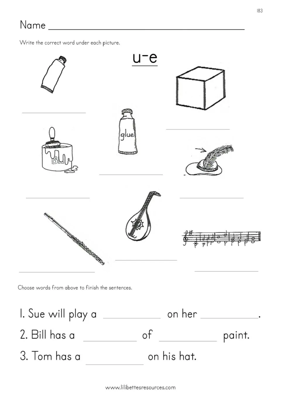 u-e picture words: students write the word under tube, cube, glue, flute and lute images, then finish three sentences