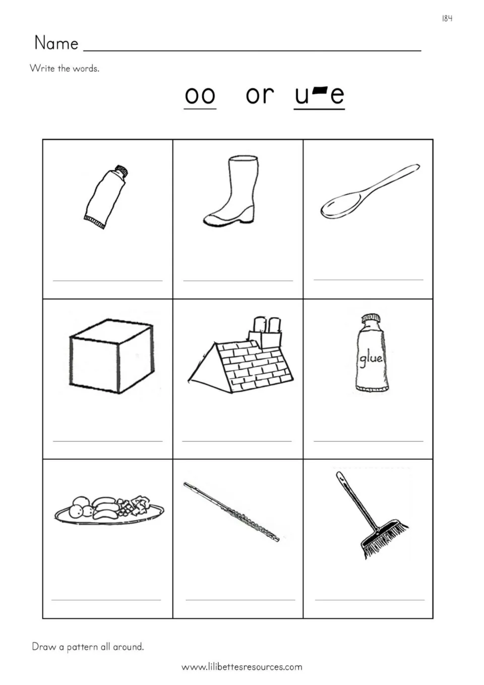 oo or u-e spelling choice: students write words for nine pictures such as boot, spoon, cube, flute and broom