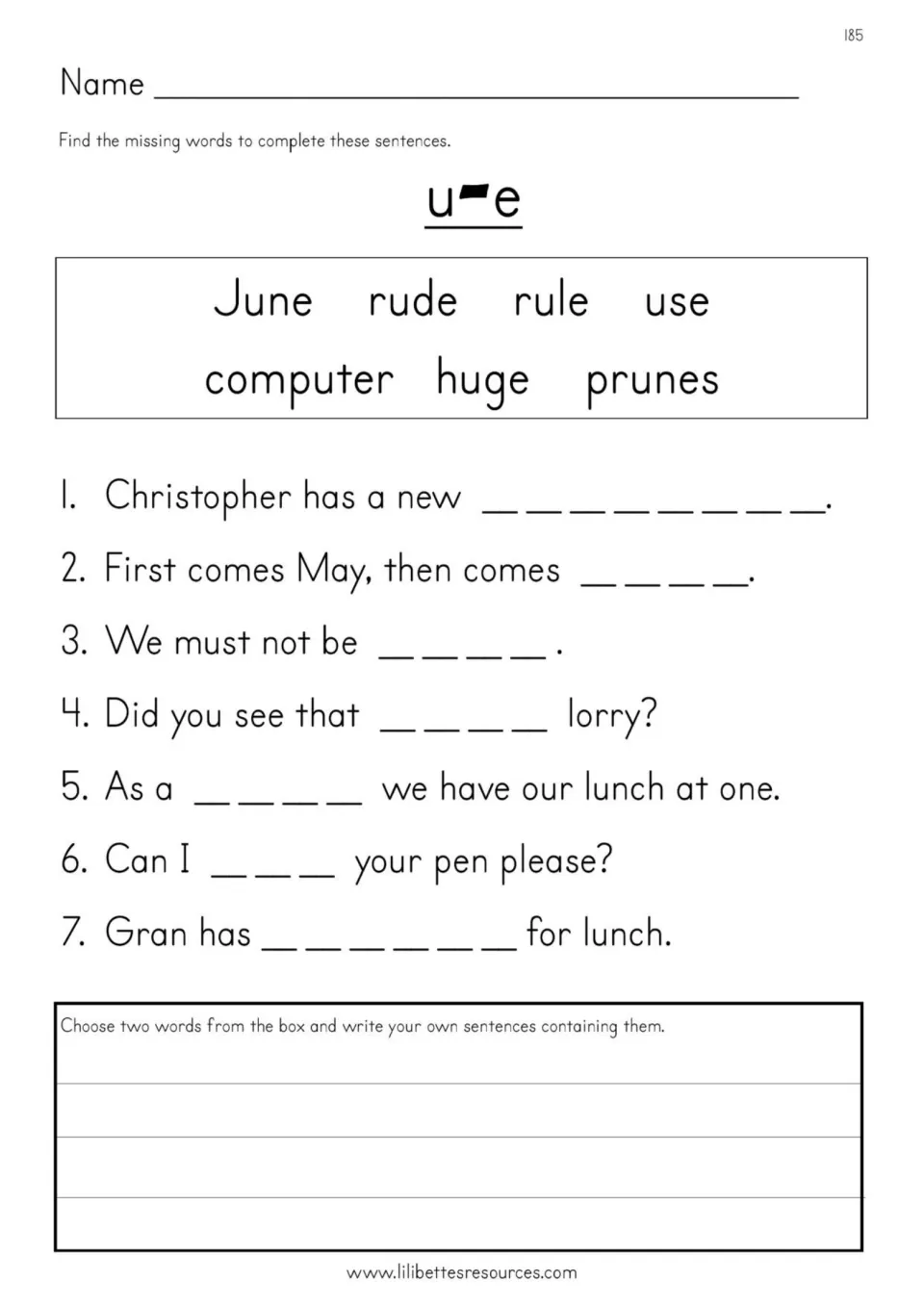u-e sentence completion: students fill 7 gaps from the word bank June, rude, rule, use, computer, huge, prunes