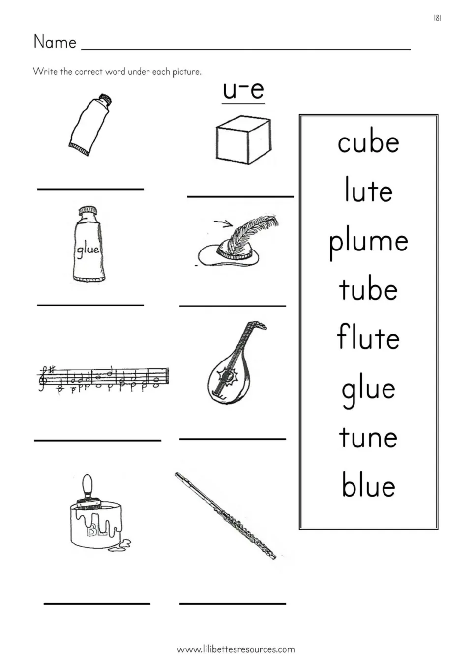 u-e word bank labeling: students write cube, lute, plume, tube, flute, glue, tune or blue under each of eight pictures