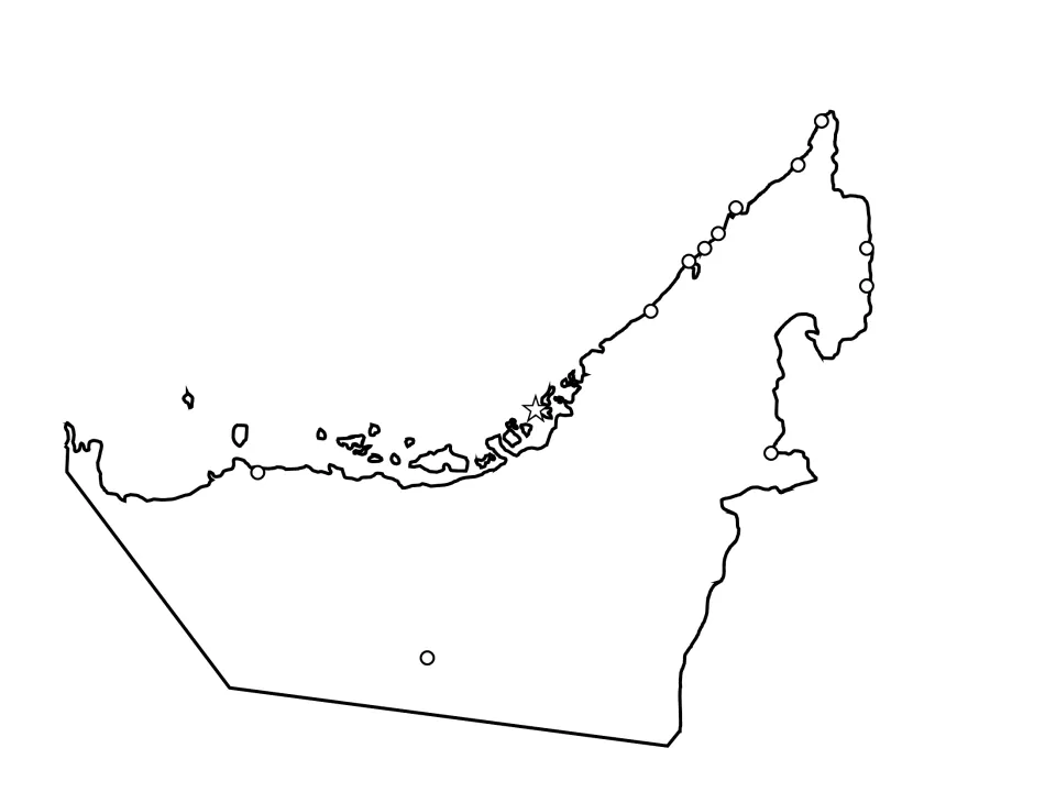 UAE outline map with unlabeled city dots and a star for the capital: students practise map labelling of city locations