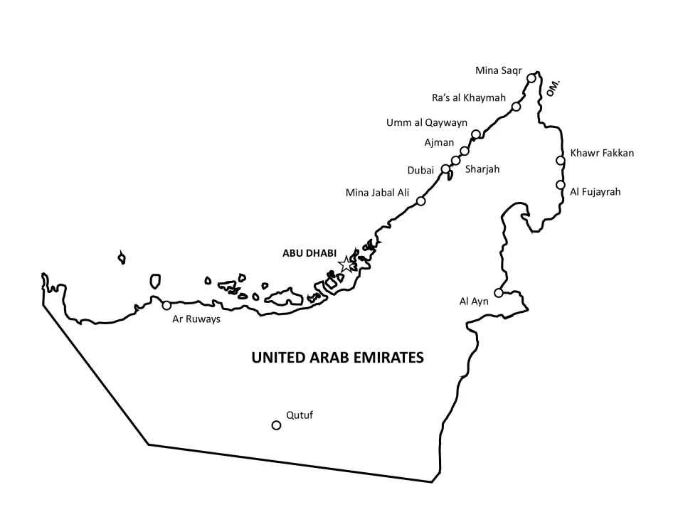 UAE labelled map marking Abu Dhabi as capital plus Dubai, Sharjah, Ajman, Al Ayn, Al Fujayrah, Qutuf and other cities