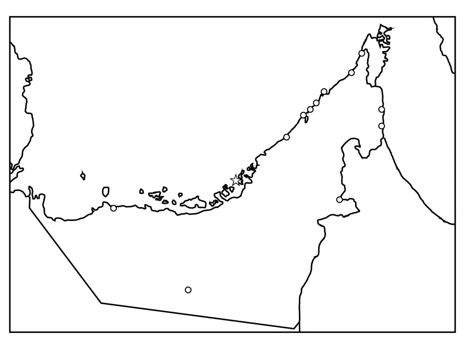 UAE regional map with unlabeled city dots, capital star and neighbour borders for practising place-name labelling