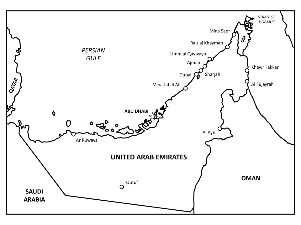 UAE regional map labelling cities, the Persian Gulf, Strait of Hormuz, Qatar, Saudi Arabia and Oman around the Emirates