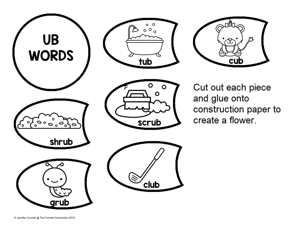 UB words flower: students cut out a center and six labeled petals (tub, cub, scrub, shrub, club, grub) and glue a flower