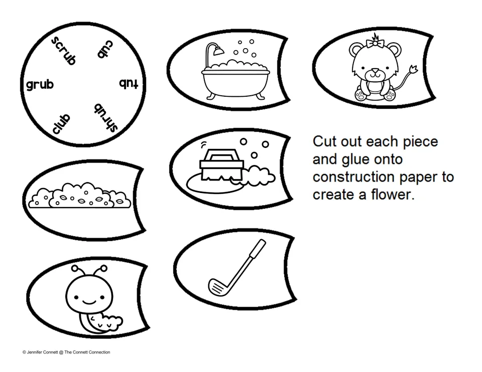 Unlabeled -ub word flower: students cut out six picture petals and a center listing tub, cub, scrub, shrub, club, grub