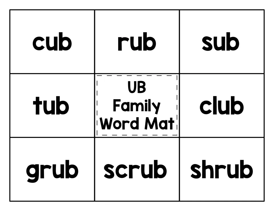 UB family word mat: students read -ub words and match picture cards to cub, rub, sub, tub, club, grub, scrub, shrub