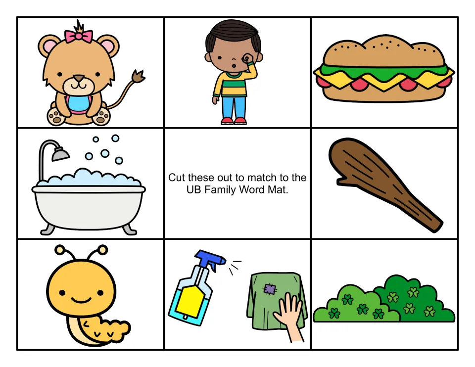 Color picture cards to cut out for the -ub word mat: lion cub, boy rubbing eye, sub, tub, club, grub, scrub, shrub