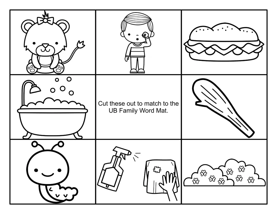 Black-and-white -ub picture cards to cut out and match to word mat: cub, rub, sub, tub, club, grub, scrub and shrub