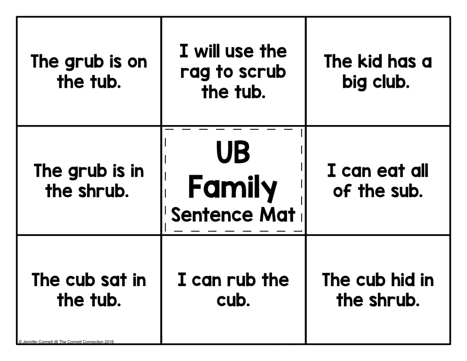 UB family sentence mat: students read eight -ub sentences such as 'The cub sat in the tub' to match pictures