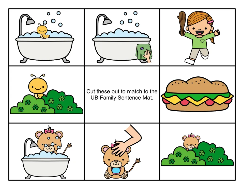 Color scene cards for the -ub sentence mat: grub in tub, rag scrubbing tub, girl with club, cub hiding in shrub
