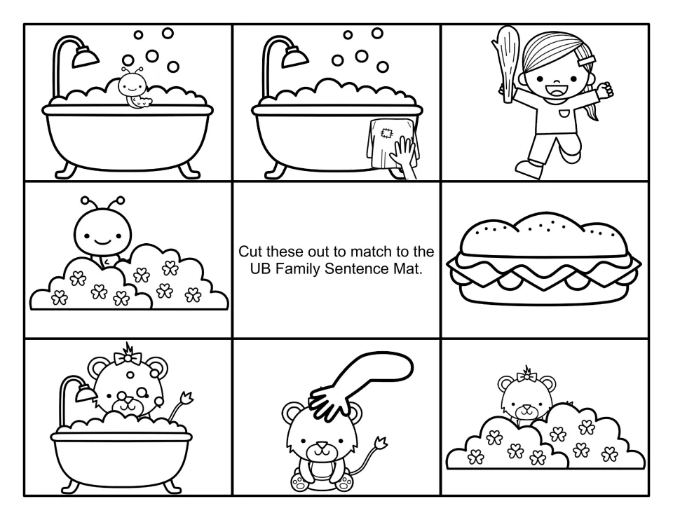 Black-and-white scene cards to cut out for the -ub sentence mat: cub in tub, hand rubbing cub, sub, grub in shrub