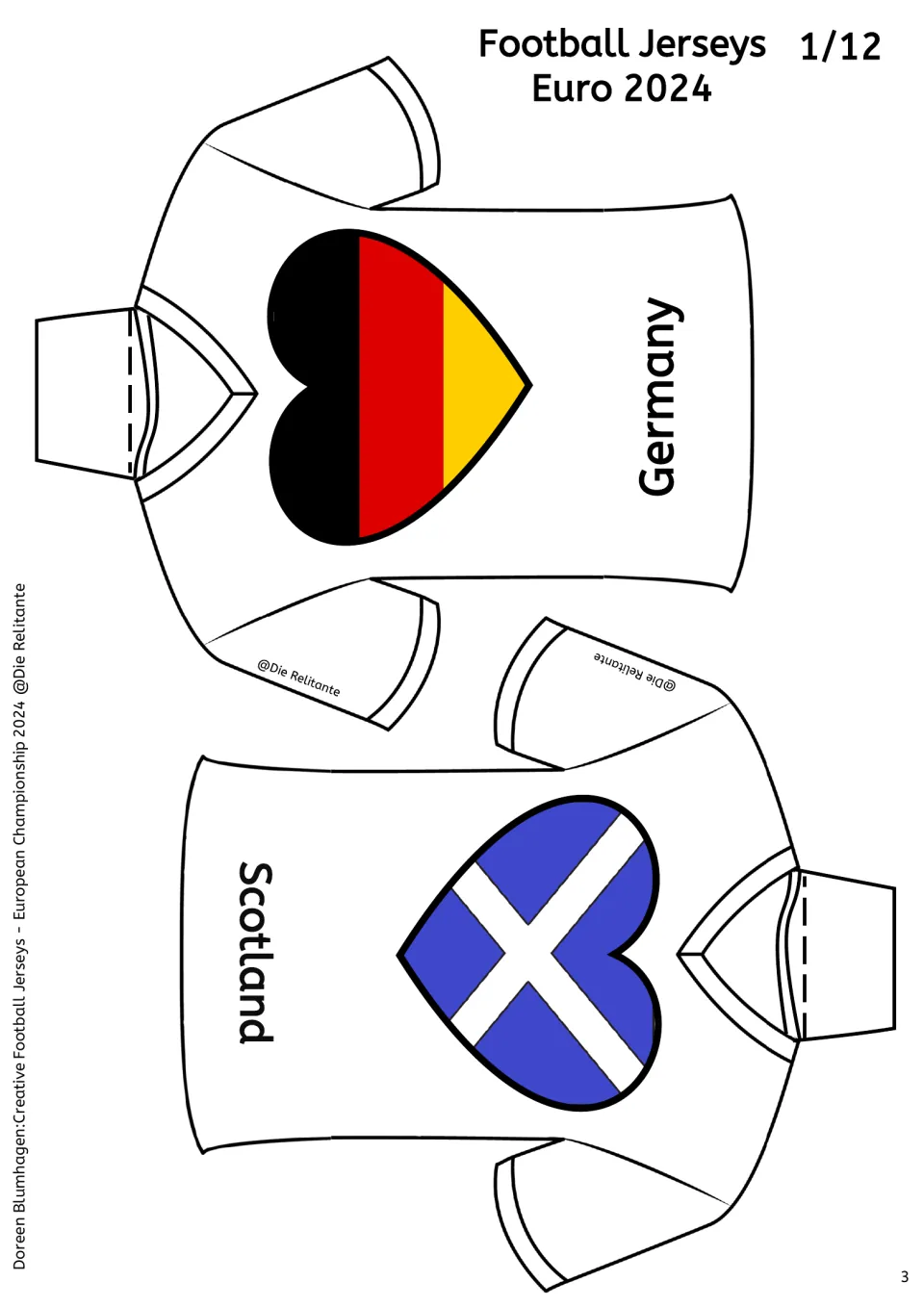 Germany and Scotland jerseys, sheet 1/12: two shirts to cut out, each with its flag in a heart and a neckline flap to fold