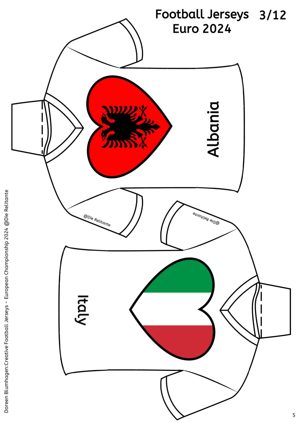 Albania and Italy jerseys, sheet 3/12: Albania's black double-headed eagle on red and Italy's tricolour, each in a heart