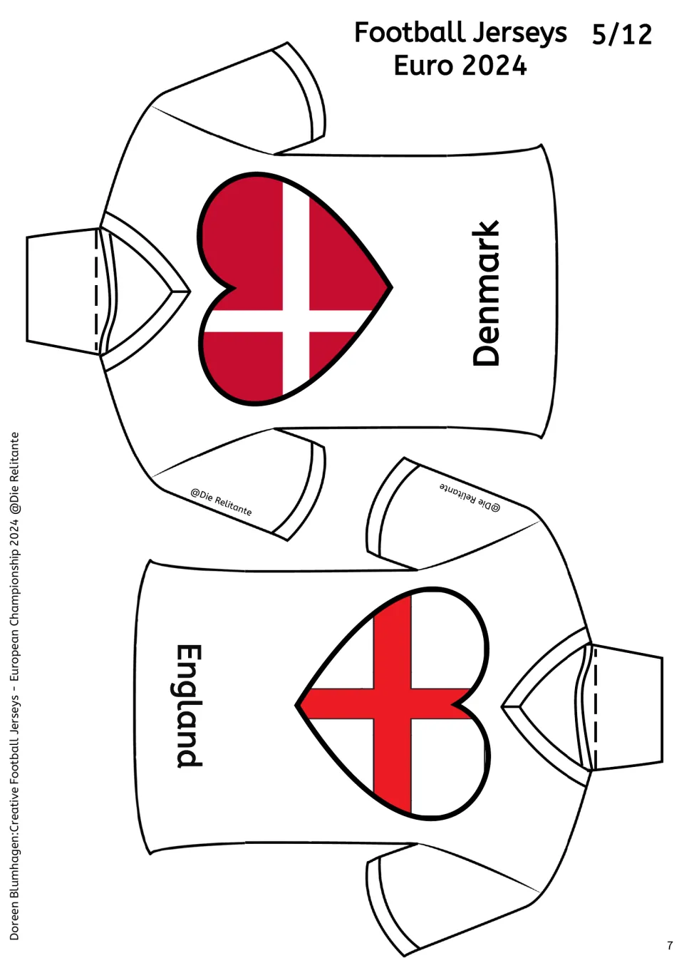 Denmark and England jerseys, sheet 5/12: Denmark's white cross on red and England's red cross on white, to cut and fold