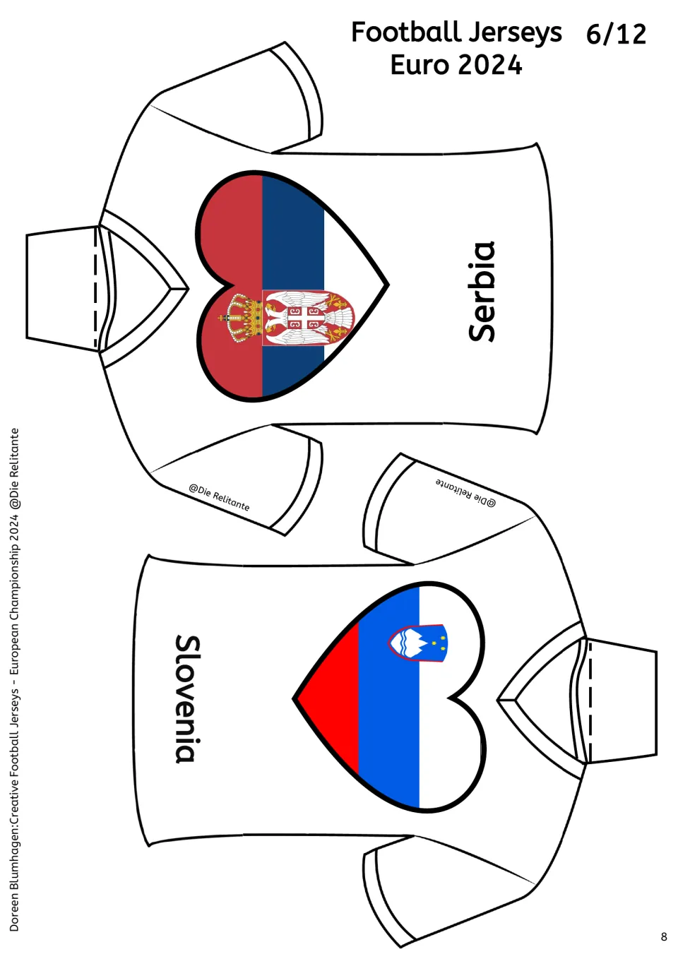 Serbia and Slovenia jerseys, sheet 6/12: heart flags showing Serbia's crowned eagle crest and Slovenia's mountain shield