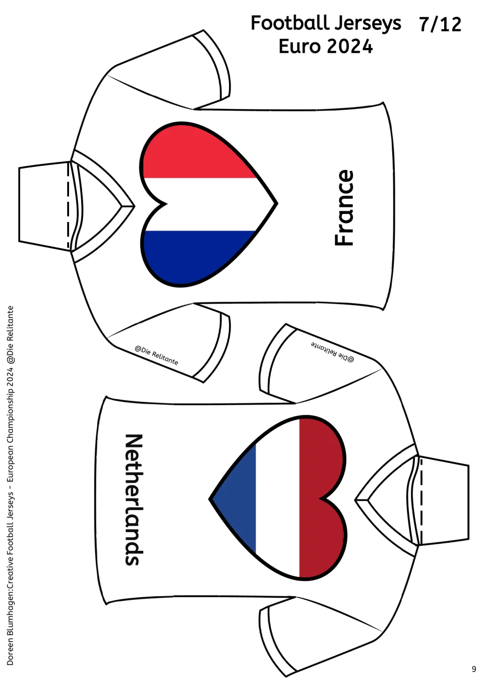 France and Netherlands jerseys, sheet 7/12: the blue, white and red French flag and red, white and blue Dutch flag as hearts