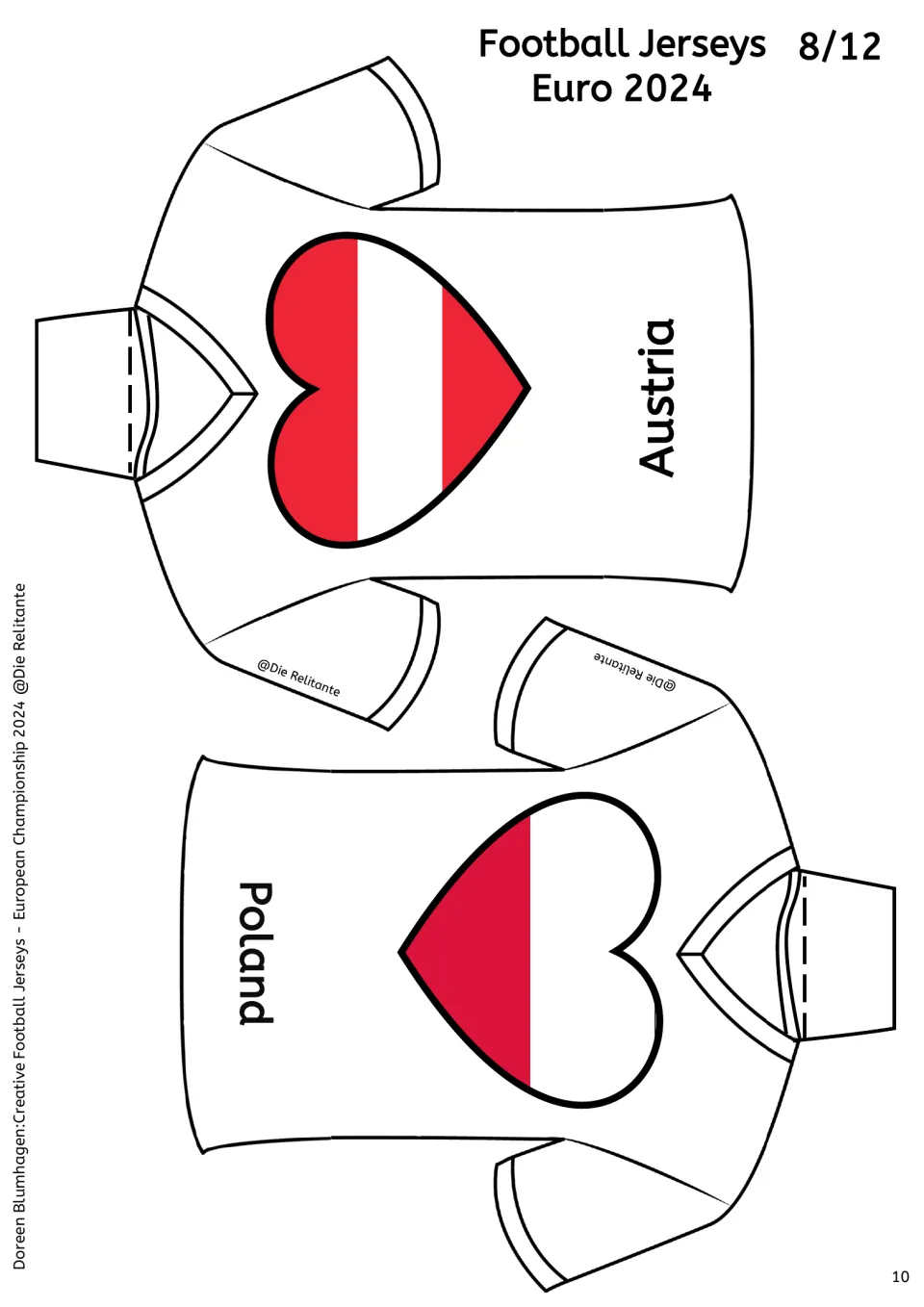 Austria and Poland jerseys, sheet 8/12: Austria's red-white-red flag and Poland's white and red flag as hearts on shirts