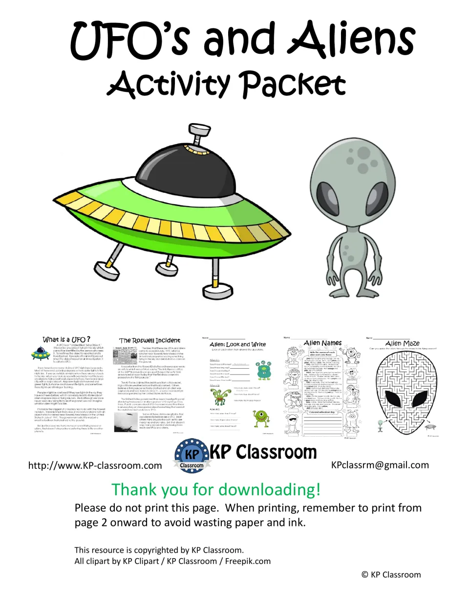 UFO's and Aliens Activity Packet cover: flying saucer and gray alien, with previews of Roswell, alien names and maze pages