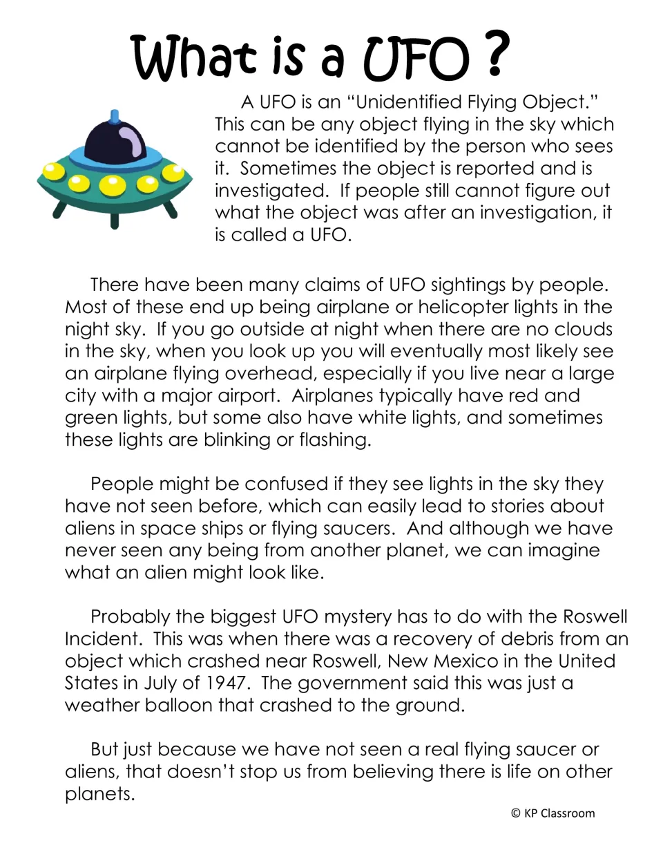 What is a UFO? reading passage: defines Unidentified Flying Object, explains airplane lights and the 1947 Roswell debris