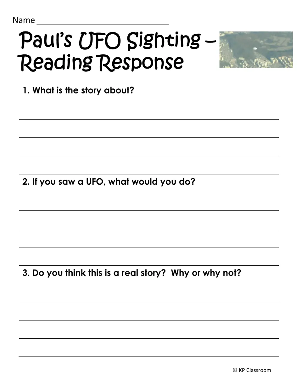 Paul's UFO Sighting reading response: students summarize the story, say what they would do and judge if it is real