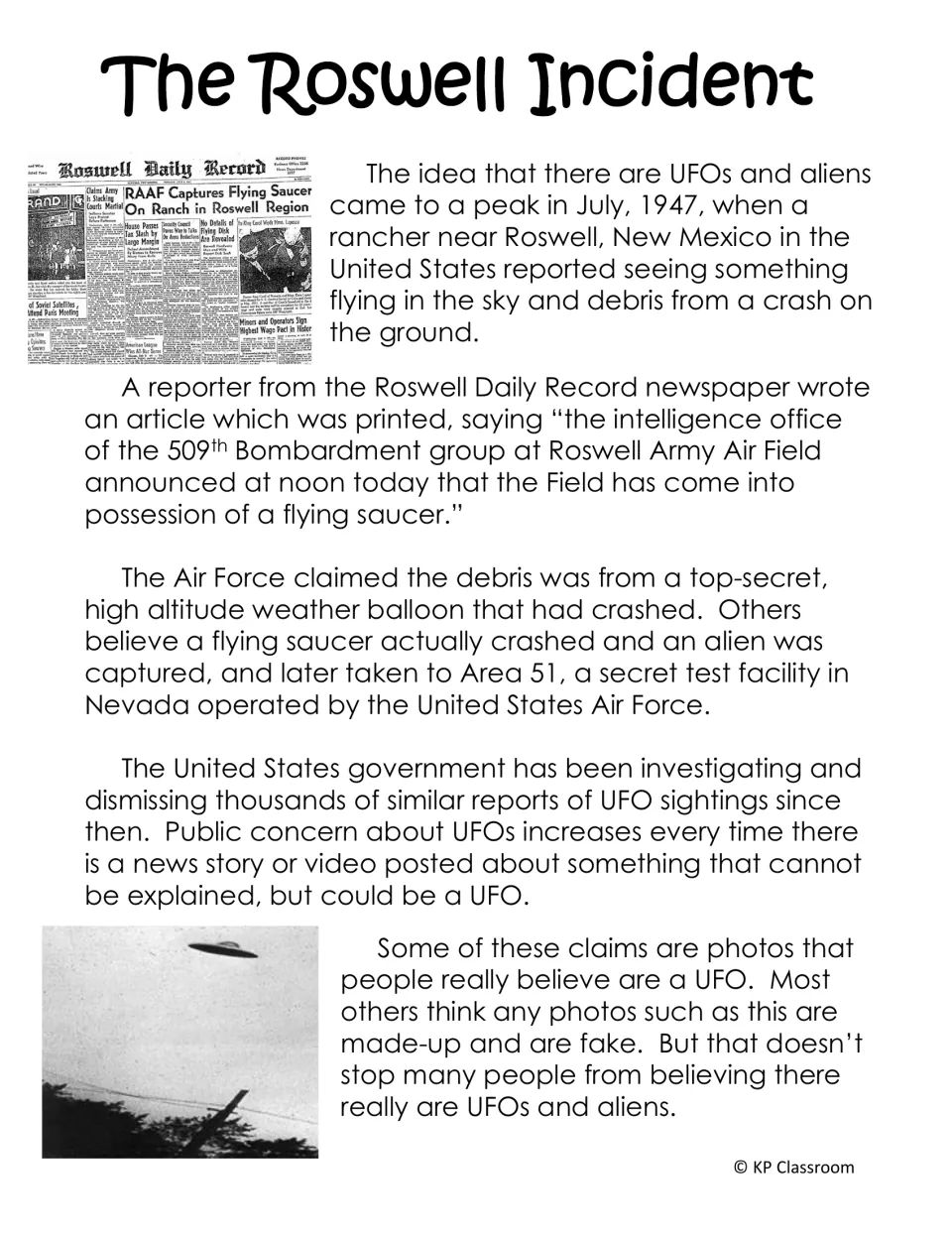 The Roswell Incident passage: 1947 ranch debris, the newspaper flying saucer report, the weather balloon claim and Area 51