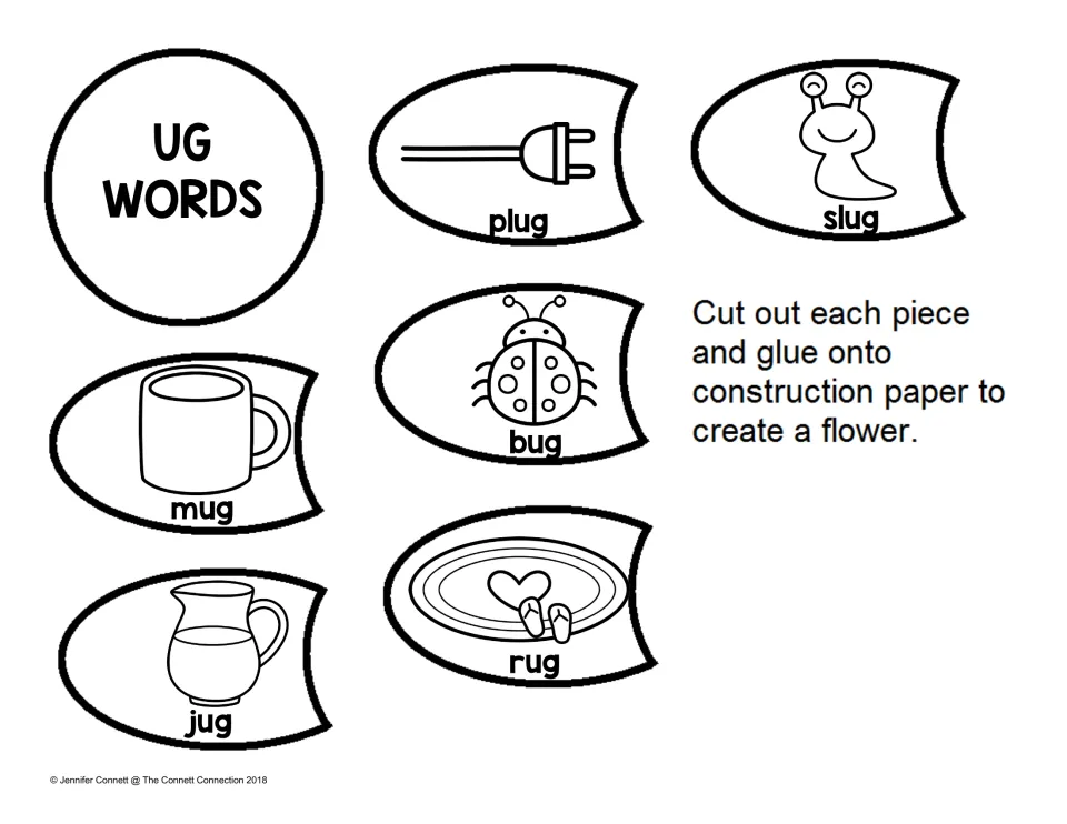 -ug word family flower: students cut out a UG Words center and six labeled petals (plug, slug, bug, mug, rug, jug)