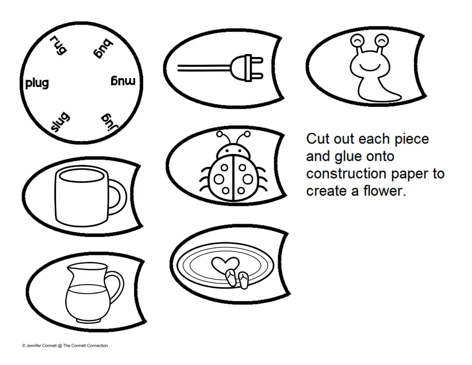 -ug word-picture matching flower: center lists plug, bug, mug, jug, slug, rug; students cut out picture petals to match