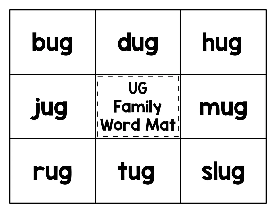 UG family word mat: students read bug, dug, hug, jug, mug, rug, tug and slug and match a picture card to each word