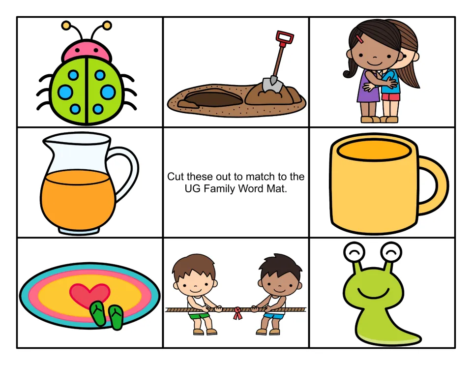 Color -ug picture cards to cut out: ladybug, digging shovel, hug, jug, mug, rug, tug-of-war and slug to match the word mat