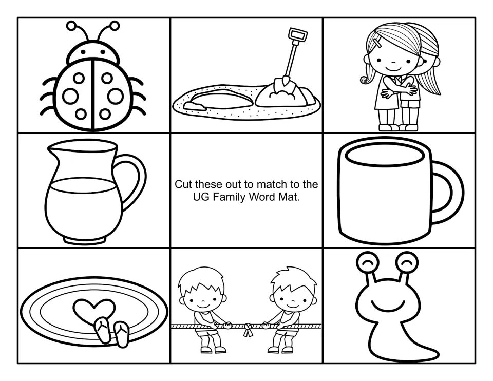 Black-and-white -ug picture cards to cut out: bug, dug hole, hug, jug, mug, rug, tug-of-war and slug for the word mat