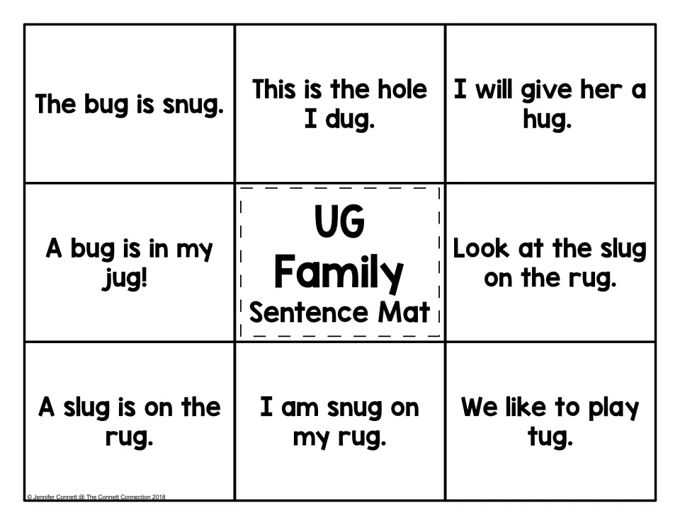 UG family sentence mat: students read eight short -ug sentences such as 'The bug is snug.' and match a picture to each one