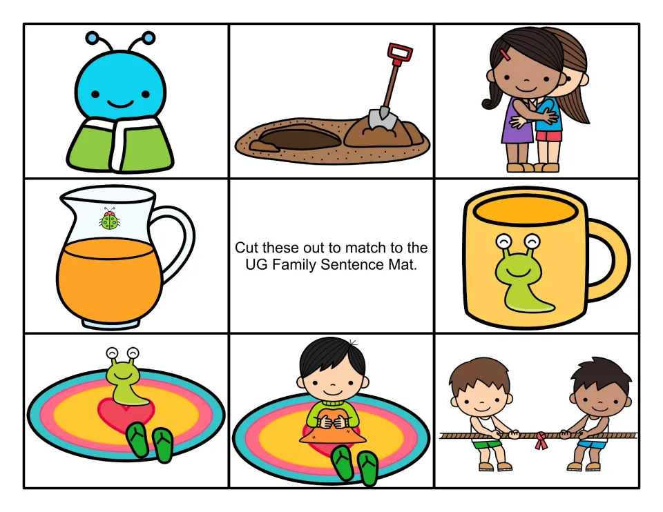 Color sentence picture cards to cut out: snug bug, dug hole, hug, bug on a jug, slug mug, slug on rug, child on rug, tug