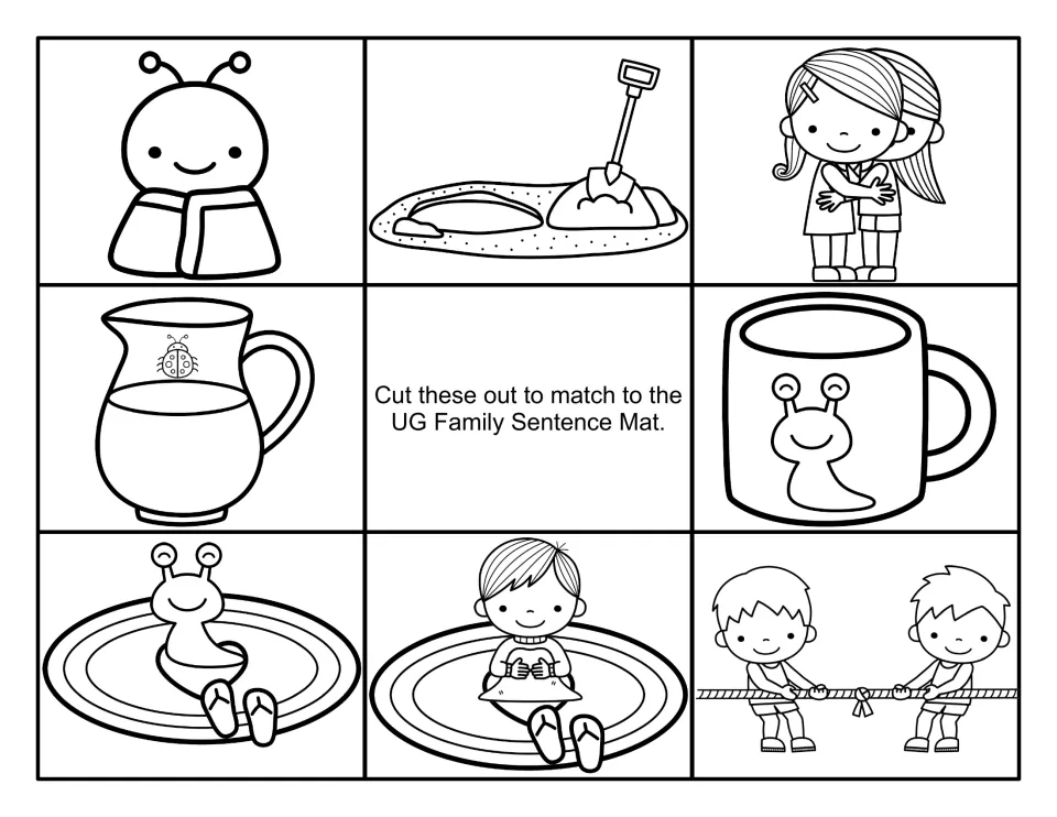 Black-and-white cards for the -ug sentence mat: snug bug, dug hole, hug, jug, slug mug, slug and child on rugs, tug