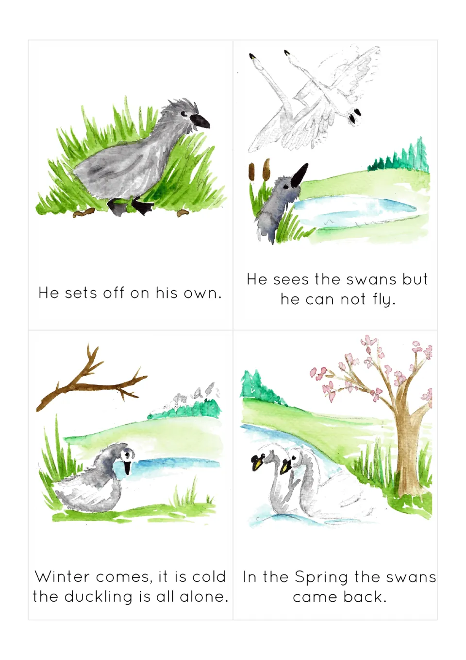 Story sequencing cards 5–8: the duckling leaves, sees swans, spends winter alone, and sees swans return.