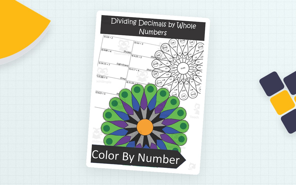 Dividing Decimals by Whole Numbers Color by Number cover with black-and-white and colored geometric flower previews.