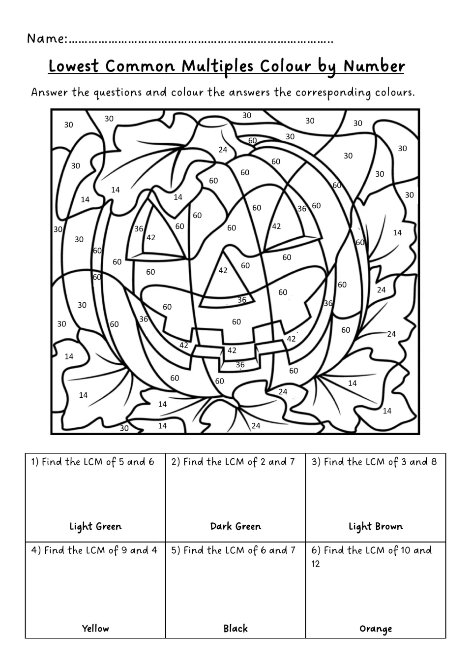 Lowest common multiples colour by number: students find the LCM of six number pairs, then colour a jack-o'-lantern