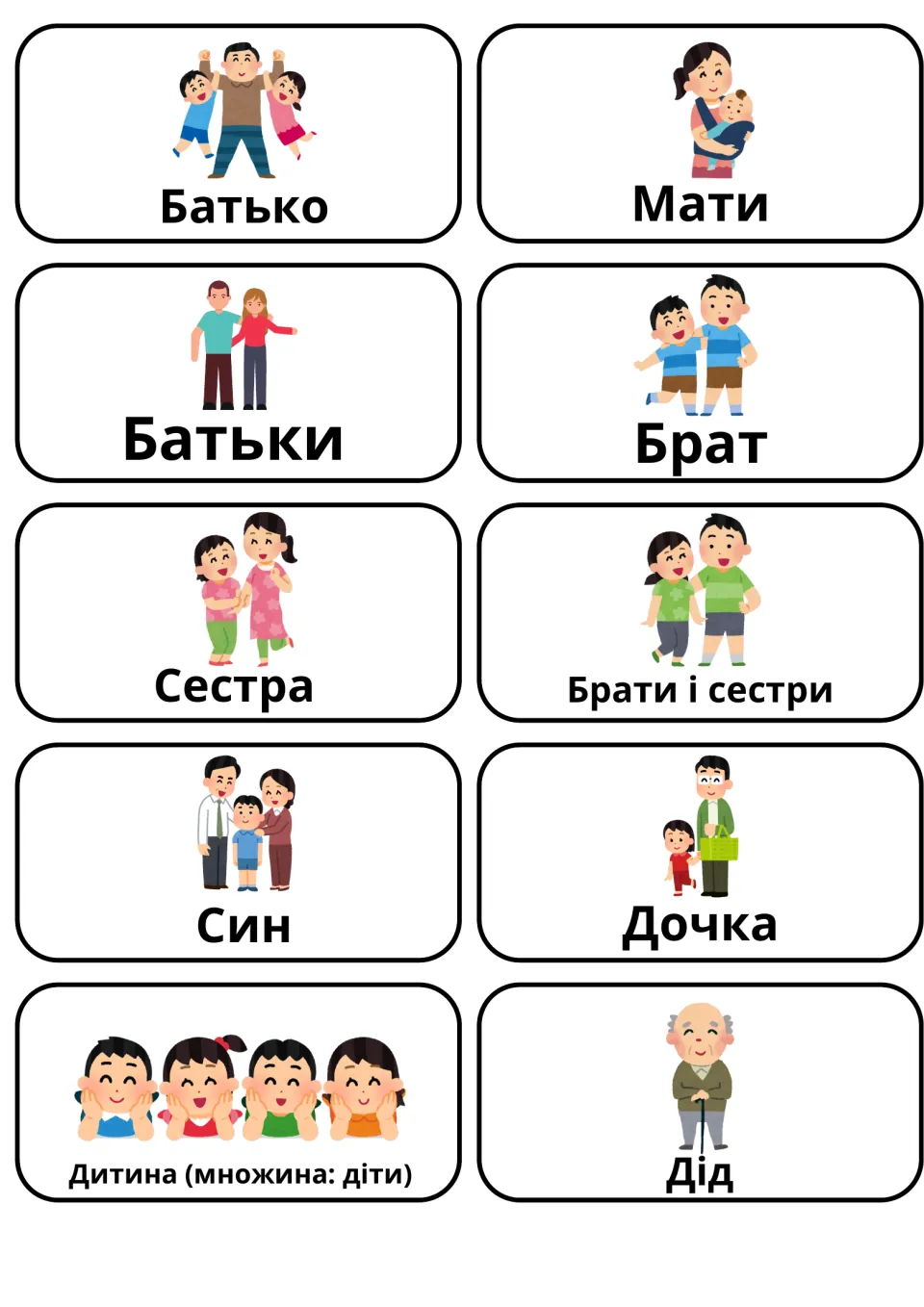 Ukrainian immediate family words: 10 picture cards for vocabulary recall, from Батько and Мати to Син, Дочка, Діти and Дід
