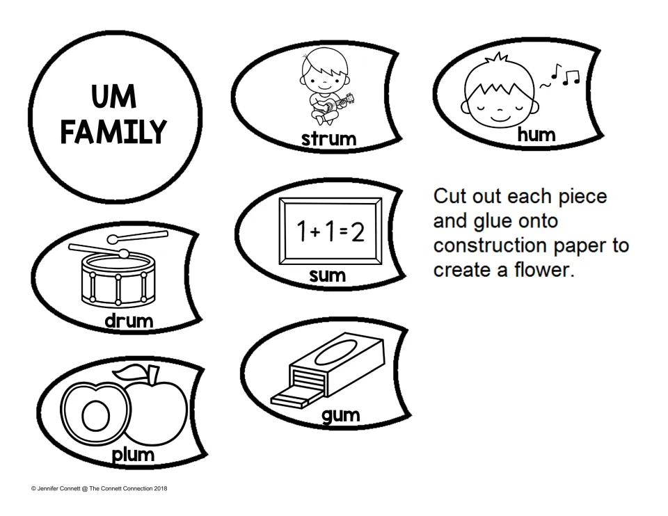 UM family flower craft: students cut out a center and six labeled petals (strum, hum, sum, drum, gum, plum) and glue them