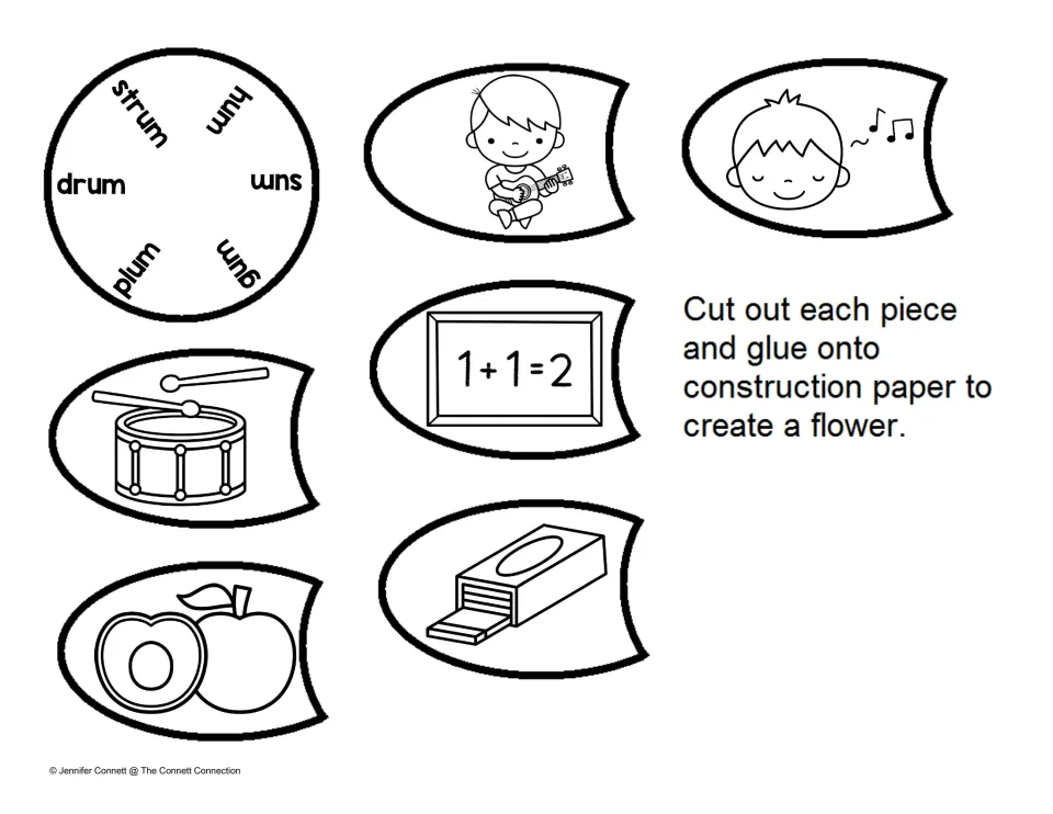 UM family flower, word-wheel version: students cut out picture petals and match each to drum, plum, gum, sum, hum or strum