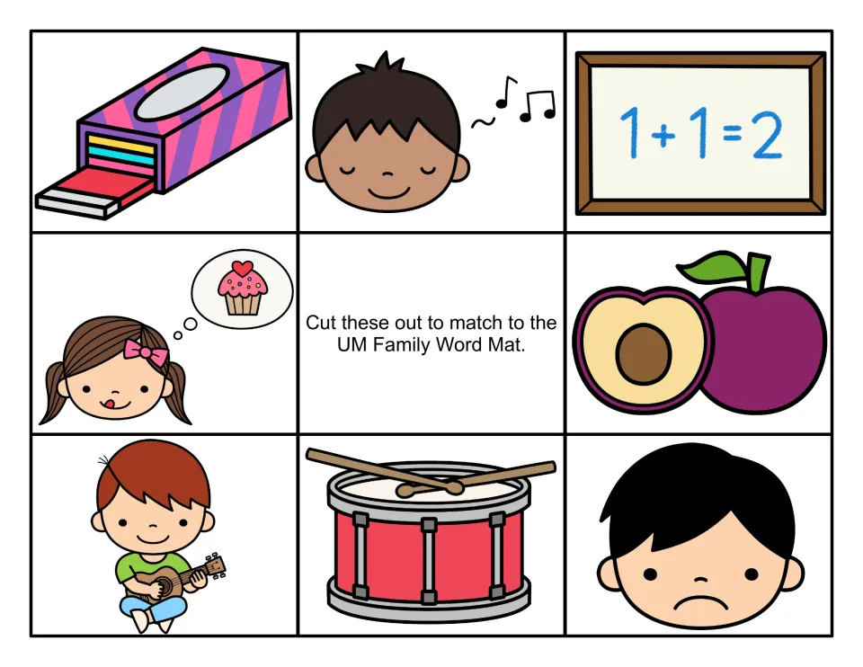 Color -um picture cards to cut out: gum, humming boy, 1+1=2 sum, yum, plum, strum, drum and glum boy for word matching