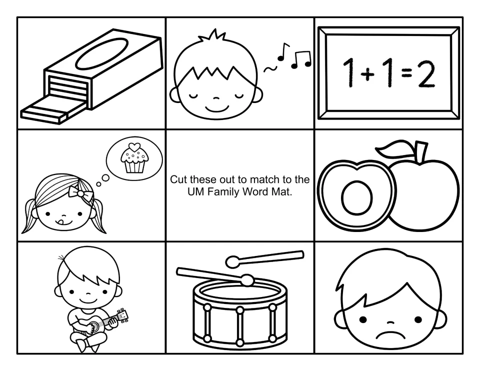 Black-and-white -um picture cards to cut out (gum, hum, sum, yum, plum, strum, drum, glum) to match words on the word mat