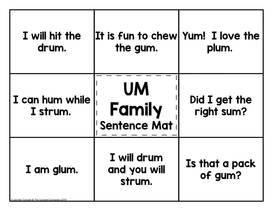 UM family sentence mat: students read eight short sentences such as 'I will hit the drum.' and 'Did I get the right sum?'