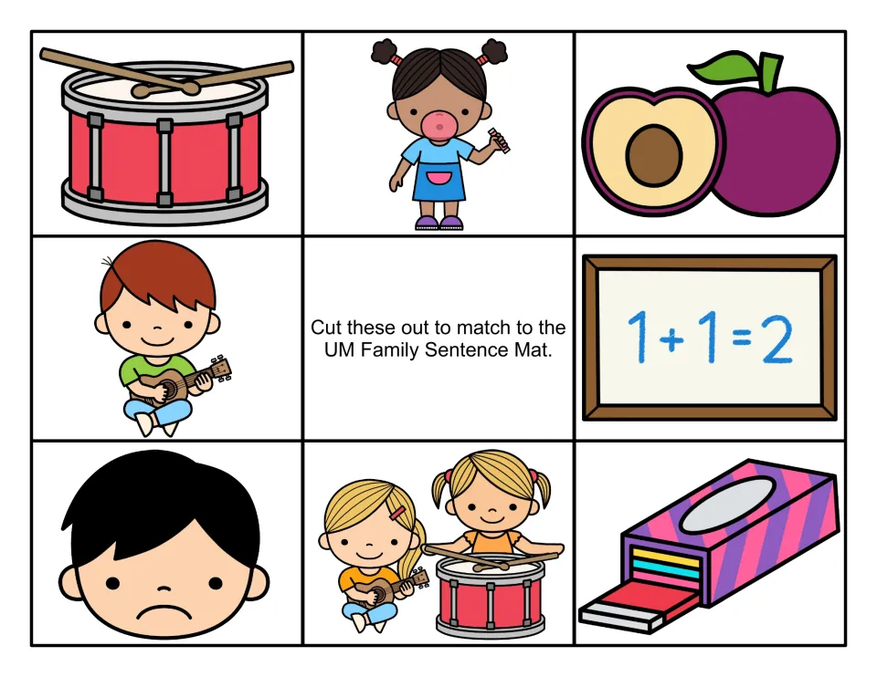 Color picture cards to cut out and match to -um sentences: drum, girl chewing gum, plum, strumming boy, sum, glum boy