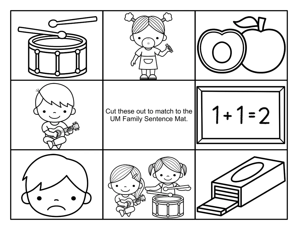 Black-and-white sentence-mat picture cards to cut out: drum, gum, plum, strum, sum, glum face, drum and strum, gum pack