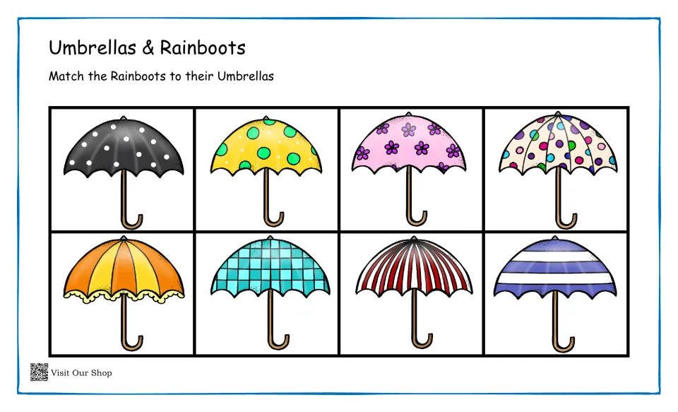 Umbrella matching sheet: eight umbrellas with dots, flowers, checks, and stripes to match to rain boots