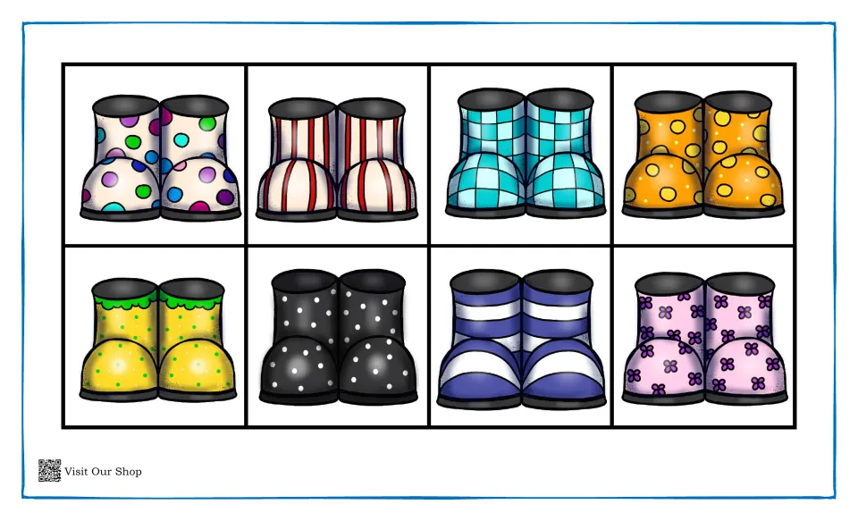 Rain boot matching sheet: eight pairs with multicolored dots, red stripes, turquoise checks, and more