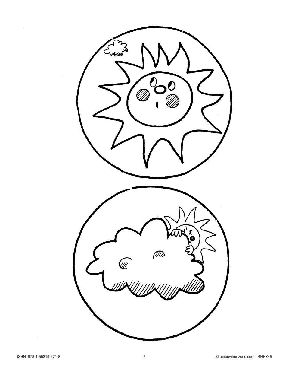 Weather sequence pictures to color and cut out: a smiling sun and a cloud moving in front of the sun